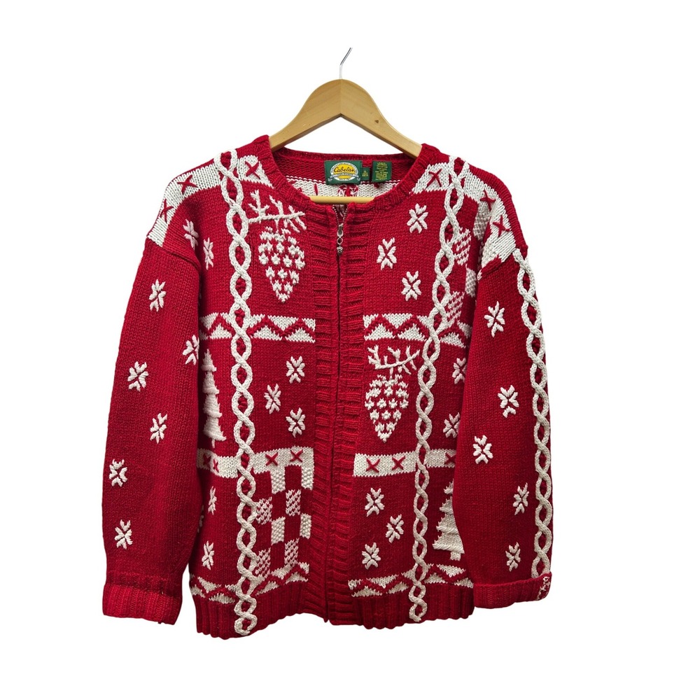 Cabelas Nordic Full-Zip Sweater Women S Red White Cable Knit Holiday Cardigan‎